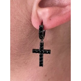 Harlembling Real Solid 925 Silver Men Ladies Dangle Cross Hoop Earrings Iced Black CZ