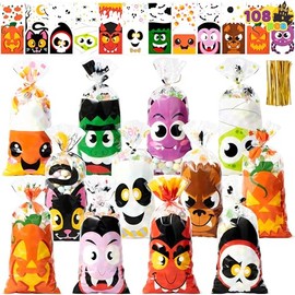 JOYIN - 108 bolsas de celofán de Halloween con lazo torcido, bolsas de dulces, bolsas de regalo, recuerdos de fiesta, decoración de mesa y recuerdo de