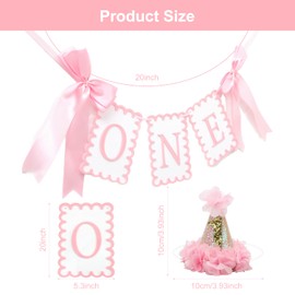 2PCS ONE Highchair Banner, Happy 1st Birthday Banner and Lace Cone Hat, Party Decorations for Baby Girl(pink)