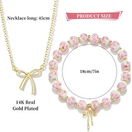 VelvetGlow 14k Gold Bow Armband and Necklace Set, Delicate Pearl Bracelet with Bow Pendant Choker, Jewellery Gift Set, Perfect Jewellery Gift for Women, Friends and Birthdays