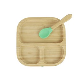 BIOZOYG Bamboo Plate Set Square I Suction Plate with Spoon - FSC Certified I Cute Bamboo Wooden Bowl Set Toddler - Children's Plate & Snack Bowl I Baby Bamboo Tableware Square Green