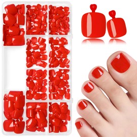 LoveOurHome 240pc Red Press on Toenails Women Fake Toe Nails with Glue Tabs, Orange Red Fake Toenails Press on Toes Nail Glue on Toenail Acrylic Toe Nail Tips Gel Artificial False Stick Toenail Tip