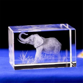 Elephant Gift/3D Laser Engraved Crystal Art of Elephant Figurines Crystal Glass Cube Engraving for Home Decoration Birthday Kids Men (50x50x80)