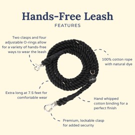 Lucy & Co. Midnight Black Hands-Free Leash for Large, Medium, & Small Sized Dogs – Designer Dog Accessories, Cotton Rope Leash with Clasps – 6-in-1 Lead for Dog Training, Walking, Jogging, Running