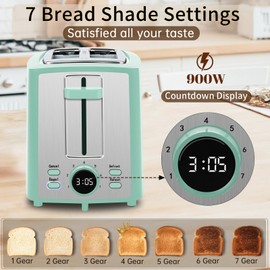 SEEDEEM Toaster 2 Slice, Bread Toaster with LCD Display, 7 Shade Settings, 1.４'' Variable Extra Wide Slots Toaster with Cancel, Bagel, Defrost, Reheat Functions, Removable Crumb Tray, 900W, Azure Blue