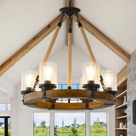 Farmhouse Wagon Wheel Chandelier 6-Light, Round Wood Chandelier with Seeded Glass Shade, Rustic Wood Chandeliers Hanging Pendant Light for Dining Room Living Room Kitchen Foye