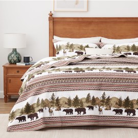 PPOLCA Christmas Cabin Quilt Sets Queen, 3-Piece Lightweight Reversible All Season Bear Quilt Set, Lodge Bedspread Queen Size Quilt with 2 Shams, Rustic Quilt Coverlet Bed Set