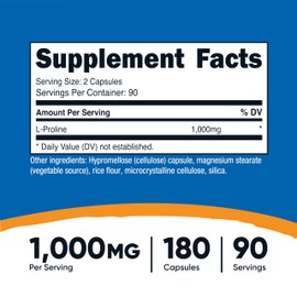 Nutricost L-Proline 1000mg, 180 Capsules (90 Servings) - 500mg Per Cap, Non-GMO, Gluten Free