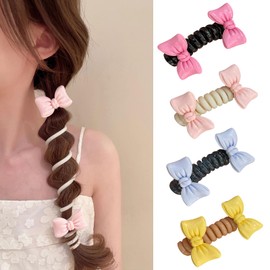 4 Pcs Double Bows Spiral Hair Ties Colorful Spiral Braided Telephone Wire Hair Bands Cute Bowknot Elastic Ponytail Holders Phone Cord Hair Ties Hair Accessories for Women