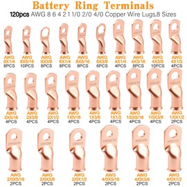 240Pcs Battery Cable Terminals Crimp Connector AWG8 4 6 2 1 1/0 2/0 4/0 Gauge 1/4 5/16 3/8 1/2 inch Copper Ring Lugs Wire Ends Assortment with 3:1 Heat Shrink Tube kit in Two-Side Box