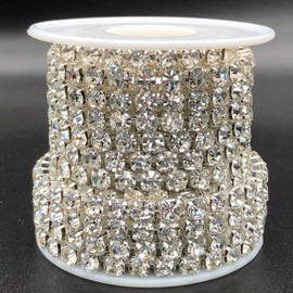 Towenm 1 Roll 5 Yards Large Crystal Rhinestones Close Chain, 5mm Rhinestone Chain, SS24, Sew on Crystal Rhinstone Chain Trim, Crystal Claw Cup Chain Roll (Silver Base + Crystal Clear, SS24 / 5.0mm)