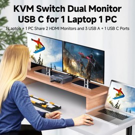YOUTINGHDAV KVM Switch 2 PC 2 Monitors USB C, KVM Switch Dual Monitor for Laptop & PC, USB 3.0 MST Dual 4K @ 60Hz, Type-C 60W Charging for Laptop, HDMI KVM Switch USB C with Wired Remote, Aluminium