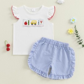 Kids Toddler Little Girls Back to School Outfit First Day of School Embroidery Ruffle Top and Plaid Shorts Set (White, 4-5T)