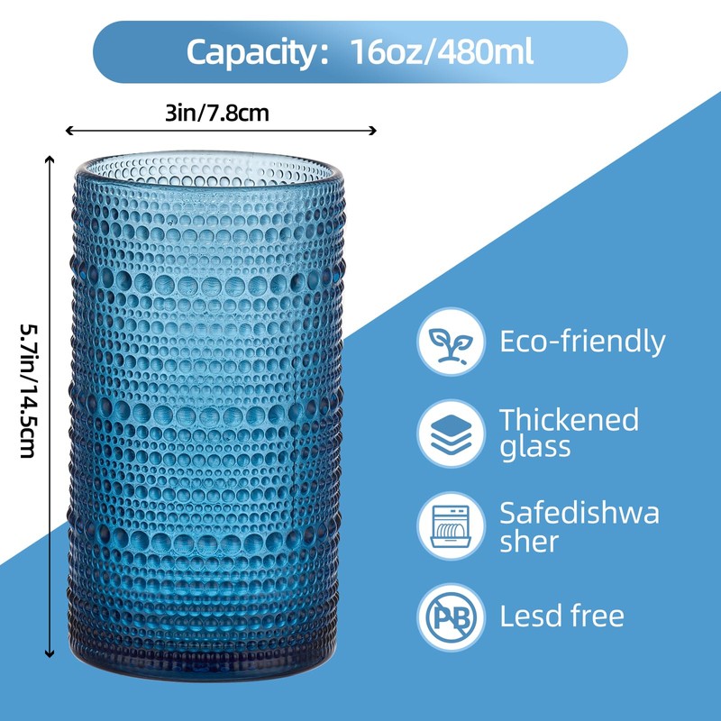 16oz Hobnail Drinking Glasses, Set of 6 Blue Tumblers