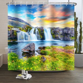 Xiaoterna Spring Shower Curtain Green Lake Summer Waterfall Bathroom Curtain Nature Scenery Mountain Sunset Waterfall Grass Flowers Shower Curtain Machine Washable Waterproof Fabric 150x180cm