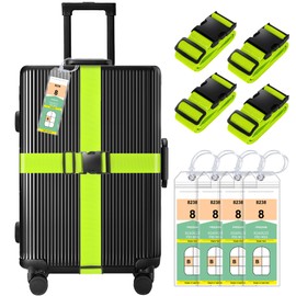 8 Pack Luggage Straps and Cruise Luggage Tags Set (4 Straps, 4 Narrow Tags), Luggage Straps for Suitcases TSA Approved Suitcase Tags, Green