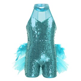 JEATHA Kids Girls Sleeveless Mock Neck Shiny Sequins Mesh Splice Leotard Ballet Jazz Latin Dance Costumes Light Blue 4-5