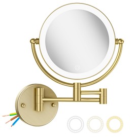 Lighted Makeup Mirror 10x Magnification Wall Mount, Hard Wired Double Sides 3 Color Lighting Touch Dimming, 360 Swivel Extended Arm Shaving Mirror for Bathroom, Satin Brushed Gold