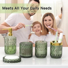 QIQU Green Glass Bathroom Accessories Set 5 Pcs, Green Bathroom Set, Soap Dispenser and Toothbrush Holder Set, Qtip Holder Set, Vintage Bathroom Sink Set, Cute Bathroom Decor