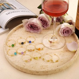 Pride & Par 12Pcs Gold Plating Ring with Gem Charms for Glasses - Wine Glass Markers for Stem Glasses - Decoration for Weddings & Parties