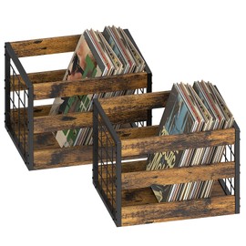 NOVIMANGO Vinyl Record Storage Box 2 Pack Albums Storage for Vinyl Records LP Record Storage Crate Vinyl Record Holder with Handle Cube Record Organizer Wooden Record Holder for Vinyl Records (Brown)