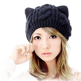 Amberetech Cute Woollike Knitted CAT Kitty Ears Women Lady Girl Headgear Crochet Hats (Black)