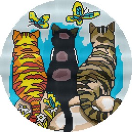 WOWDECOR Cross Stitch Embroidery Kits for Adults Kids, Three Cats Butterfly Animals 11CT Stamped DIY DMC Needlework Easy Beginners