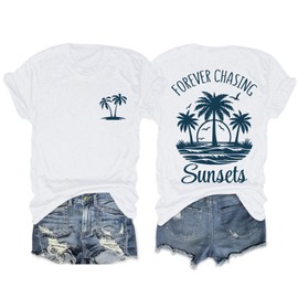 Migxsaf Forever Chasing Sunsets Tshirt Hawaiian Beach Shirts for Women Palm Tree Tropical Shirt Graphic Tees Summer Tops(White,L)