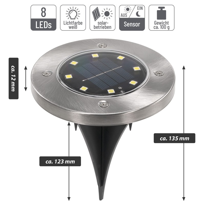 Solar Ground Spotlight with 8 LEDs White Stainless Steel Recessed