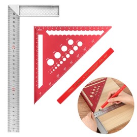 Speed Square, 7.28inch Woodworking Set Square Tool, Red Metric Triangle Ruler with Straightedge, Pencil, Versatile Stainless Steel Triangle Scale Ruler for Angle Measurement Markings