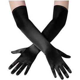 Papoopy Women Black Long Gloves for for Wedding, Tea Party, Cosplay, Costume (Satin - Black)