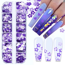 12 Grids Heart Nail Art Glitter 3D Holographic Sparky Heart Nail Sequins Nail Decorations Valentine's Day Nail Stickers Decals Purple Love Heart Nail Glitter Flakes for Women Girls DIY Acrylic Nail
