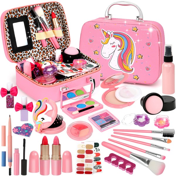 Flybay Kids Girls Makeup Kit Realistic Washable Makeup Set for Girls Kids Princess Pretend Makeup Toy Pretend Play Makeup Kit Christmas Toys Gift with Cosmetic Case for 4 5 6 7 8 Years Old Girls