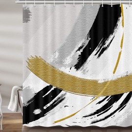 MERCHR Black and Gold Abstract Shower Curtain, Chic Design White Grey Art Designer Fabric Shower Curtains Set for Bathroom Decorative, Modern Restroom Decor Accessories with Hooks 72X 72 Inch