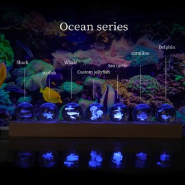 Dokscdlo 7 Pcs Sea Animals Crystal Ball Night Light Celestial Balls Lamp with LED Wooden Base, 3D Jellyfish Shark Whale Crystal Ball Nightlight for Meditation Decoration Balls Set for Home Office