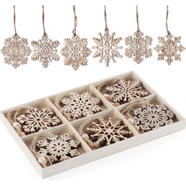 Homewit Pack of 18 Snowflakes Christmas Wooden Pendants, 6 Designs Snowflake Christmas Tree Decoration Wooden Pendant with Jute Cord, Christmas Tree Decoration Wood