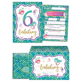 Junaversum 12 Invitations for 6th Children's Birthday Girls Mermaid Invitations with 12 Envelopes, 12 Bags / Natural, 12 Stickers, 12 Bookmarks, 12 Notepads