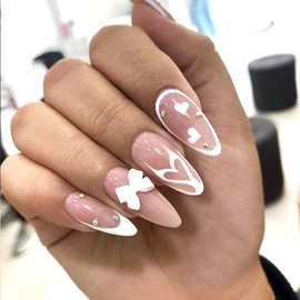 Valentines Press on Nails Medium Almond White French Tip Fake Nails False Nails with Rhinestones Heart Designs White Bow Charm Glossy Glue on Nails Acrylic Nails for Women Girls 24 Pcs