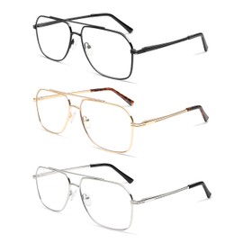 AMOMOMA Retro Blue Light Aviator Reading Glasses for Women Men,Metal Oversized Large Computer Reader Frame AM6133 C1+C2+C3 1.0 X