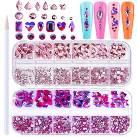 XEAOHESY 1620pcs Flat Back Pink Nail Rhinestones Rose AB Rhinestones for Nails Nail Crystal Rhinestones for Acrylic Nails Gems Glass Beads Stones for Nails