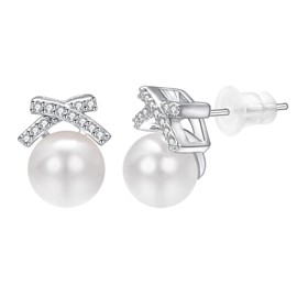 Vogem White Pearl Stud Earrings for Women Round Freshwater Pearl 10mm White Faux Pearl Earrings Valentines Day Anniversary Present