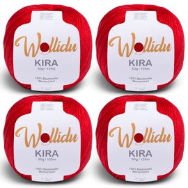 Wollidu Kira 100% Cotton for Knitting and Crocheting 4 x 50 g Set Crochet Yarn Knitting Yarn Red