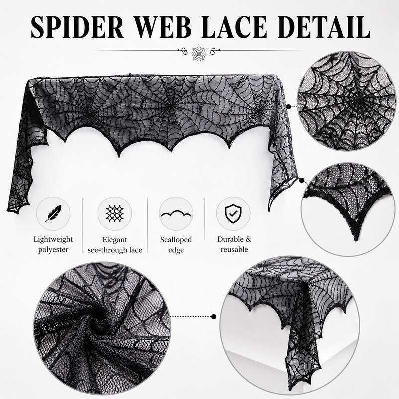 Black Lace Spider Web Mantel Scarf for Halloween – 18