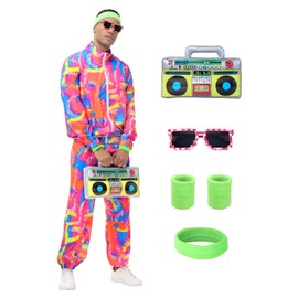 Tosjack 80s Outfit for Men Women,Neon Retro Tracksuit 90s Windbreaker Costume,Hip Hop Party Workout Track Suit Clothing Couples (M)