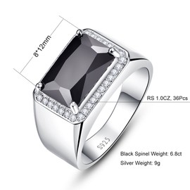 Bonlavie Men's 925 Sterling Silver Princess Cut Black Spinel Color 6.8ct CZ Daily Ring Size T 1/2
