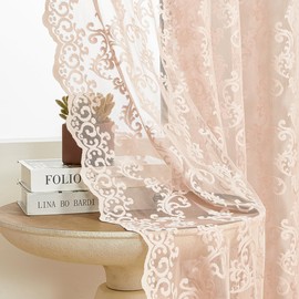 Blush Pink Lace Curtains 63 Inch Length 2 Panels set Victorian Floral Curtains for Living Room Bedroom Rod Pocket Light Filtering Romantic Paisley Drapes Coquette Priscilla Window Decor, 52x63
