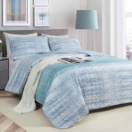 Nanko Quilt Set Queen Full Size 3 pcs, Grey and Teal Blue Striped Abstract Pattern Bedspreads, Soft Lightweight Coverlet Bed Spreads, Modern Thin Quilted Comforter Bedding Set for Women Men Gray 90x90