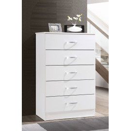 HODEDAH 5 Drawer Wood Dresser for Bedroom, Chest of Drawers with Metal Rails for Support when Storing Clothing, White