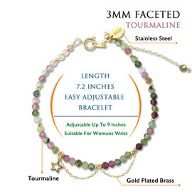 Morchic Colorful Tourmaline 3mm Faceted Natural Gemstone Beads Womens Strand Bracelet, Easy Adjustable Chain 7-9 Inch Birthday Gift