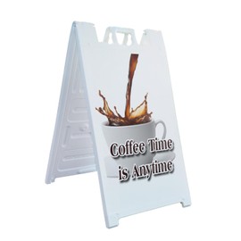 A-Frame Sidewalk Coffee Time is Anytime 24" x 36" Double Sided A-Frame Sidewalk Sign, Includes 2 Plastic Inserts | Foldable Portable White Signicade Sandwich Board Signs